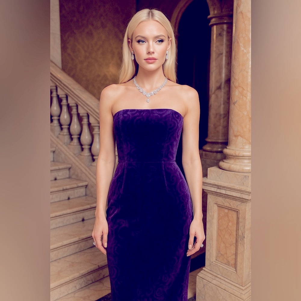 TIBI Purple Velvet Brocade Strapless Midi Dress Size 6 Vintage Rare